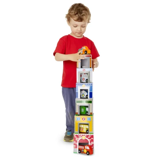 Edificios y vehículos que deben clasificarse y apilarse - Melissa & Doug