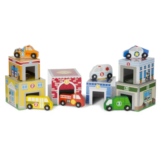 Edificios y vehículos que deben clasificarse y apilarse - Melissa & Doug