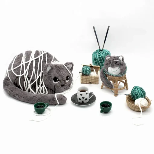 Mamá gata de peluche y su bebé gris - Les Déglingos